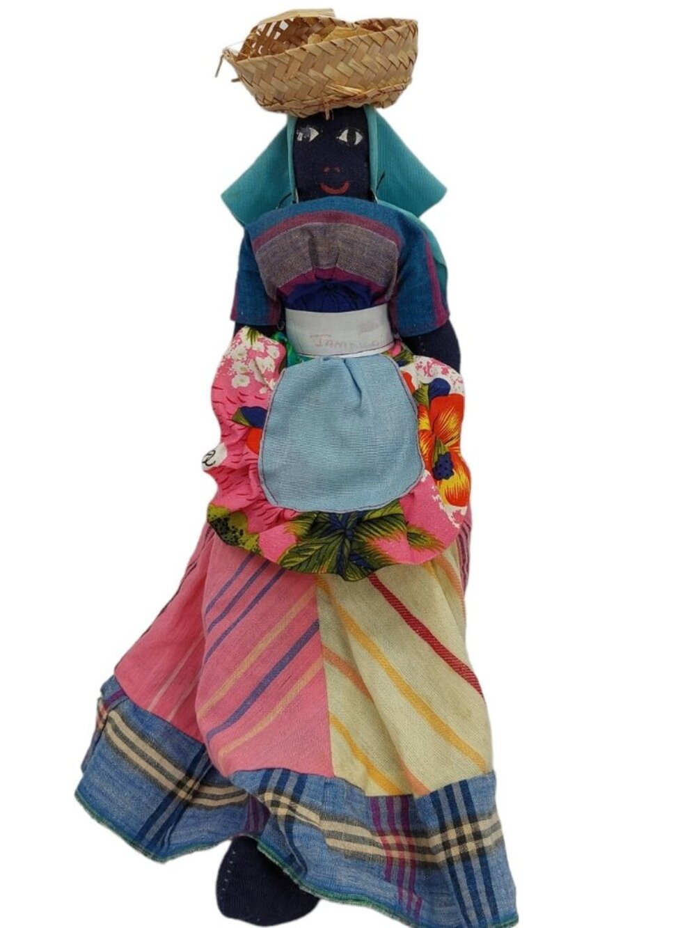 Jamaican Handcrafted Rag Doll 20 inches 13" multi-colored dress straw hat